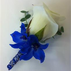 White Rose &amp; Blue Delphinium Buttonhole