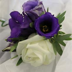 White Rose &amp; Purple Lisianthus Buttonhole or Corsage