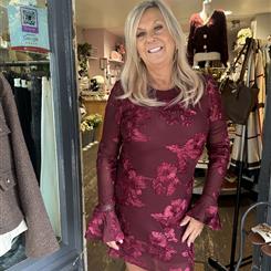 Fluted Cuff Floral Applique Dress- Burgundy 